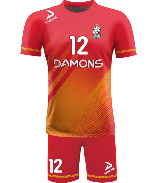 strój siatkarski męski omega 4 czerwono-pomarańczowy, energetyczny komplet meczowy do siatkówki halowej