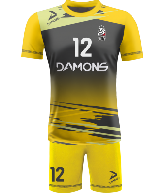 strój siatkarski męski omega 5 czarno-żółty, kontrastowy komplet meczowy do siatkówki halowej