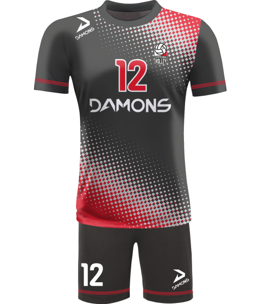 strój siatkarski męski omega 8 czarno-czerwony, mocny komplet meczowy do siatkówki halowej