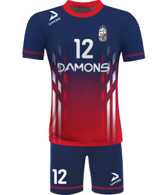 strój siatkarski męski omega 7 granatowo-czerwony, wyrazisty komplet meczowy do siatkówki halowej