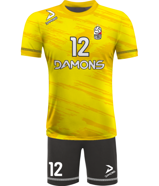 strój siatkarski męski omega 6 żółto-czarny, widoczny komplet meczowy do siatkówki halowej