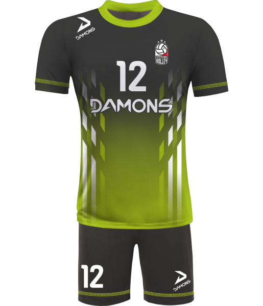 strój siatkarski męski omega 7 czarno-jasnozielony, nowoczesny komplet meczowy do siatkówki halowej