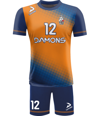 strój siatkarski męski omega 8 pomarańczowo-granatowy, energetyczny komplet meczowy do siatkówki halowej