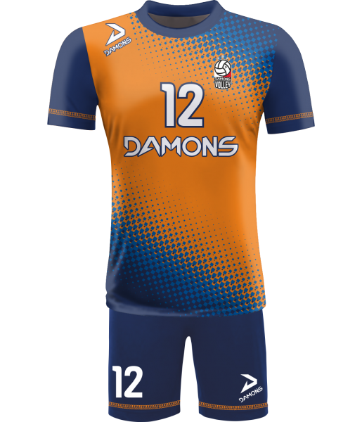 strój siatkarski męski omega 8 pomarańczowo-granatowy, energetyczny komplet meczowy do siatkówki halowej