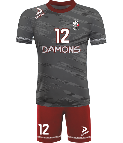 strój siatkarski męski omega 6 szaro-bordowy, profesjonalny komplet meczowy do siatkówki halowej