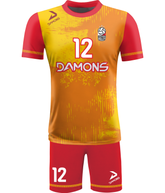 strój siatkarski męski omega 10 żółto-pomarańczowy, widoczny komplet meczowy do siatkówki halowej