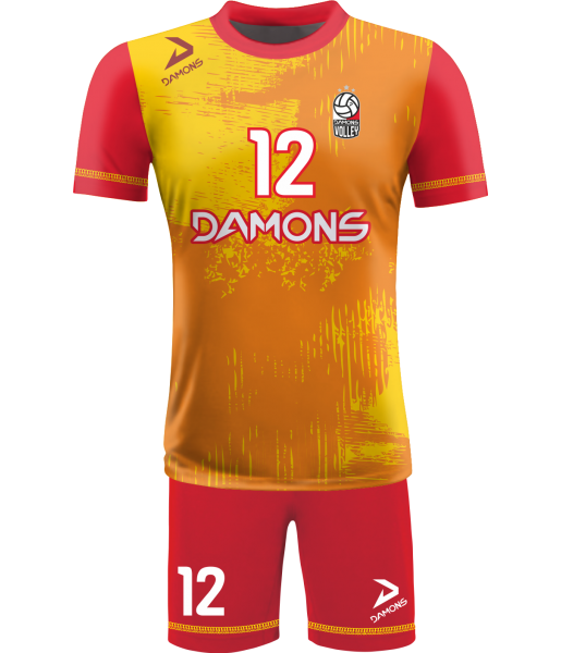 strój siatkarski męski omega 10 żółto-pomarańczowy, widoczny komplet meczowy do siatkówki halowej