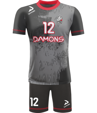 strój siatkarski męski omega 10 szaro-czerwony, profesjonalny komplet meczowy do siatkówki halowej 108 znaków