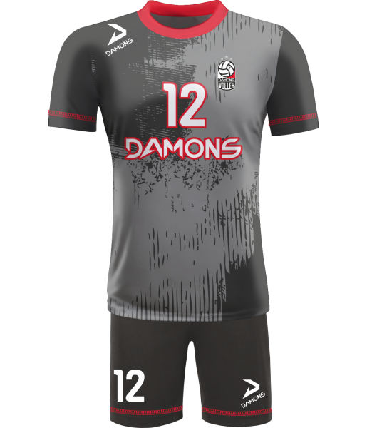 strój siatkarski męski omega 10 szaro-czerwony, profesjonalny komplet meczowy do siatkówki halowej 108 znaków