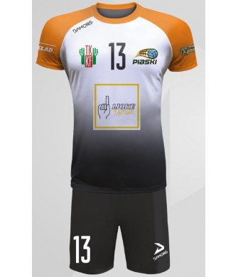 strój siatkarski defender pro pn junior biało-czarno-pomarańczowy z pełną sublimacją do szkół
