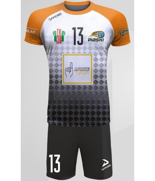 strój siatkarski męski defender pro p4 biało-czarno-pomarańczowy do siatkówki halowej z personalizacją