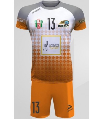 strój siatkarski defender pro p4 junior biało-pomarańczowo-szary z pełną sublimacją do szkół i siatkówki halowej