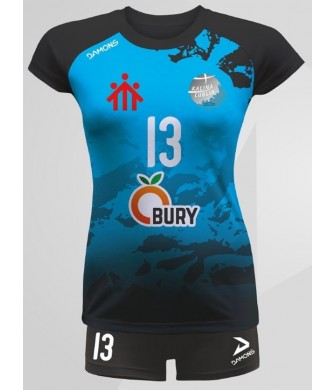 strój siatkarski damski vega pro p3 niebiesko-czarny z kryjącymi szortami i dopasowanym krojem