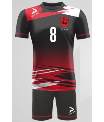 strój siatkarski omega 5 junior czarno-czerwony, komplet meczowy do siatkówki halowej