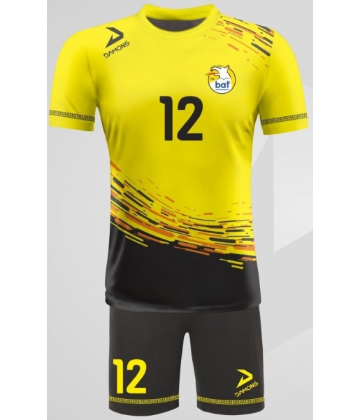 strój siatkarski męski omega 3 żółto-czarny, widoczny komplet meczowy do siatkówki halowej