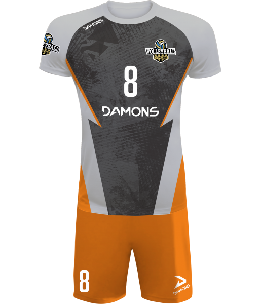 strój siatkarski męski defender pro p5 szaro-pomarańczowy do siatkówki halowej z personalizacją