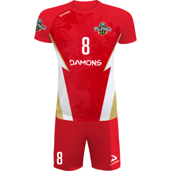 strój siatkarski męski defender pro p5 czerwono-biały do siatkówki halowej z personalizacją