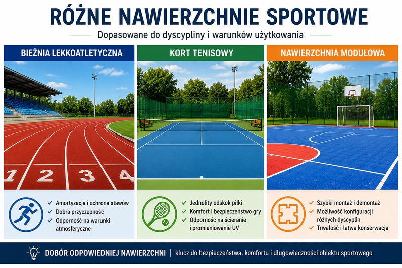 Bieżnia lekkoatletyczna kort tenisowy i nawierzchnia modułowa na obiektach sportowych
