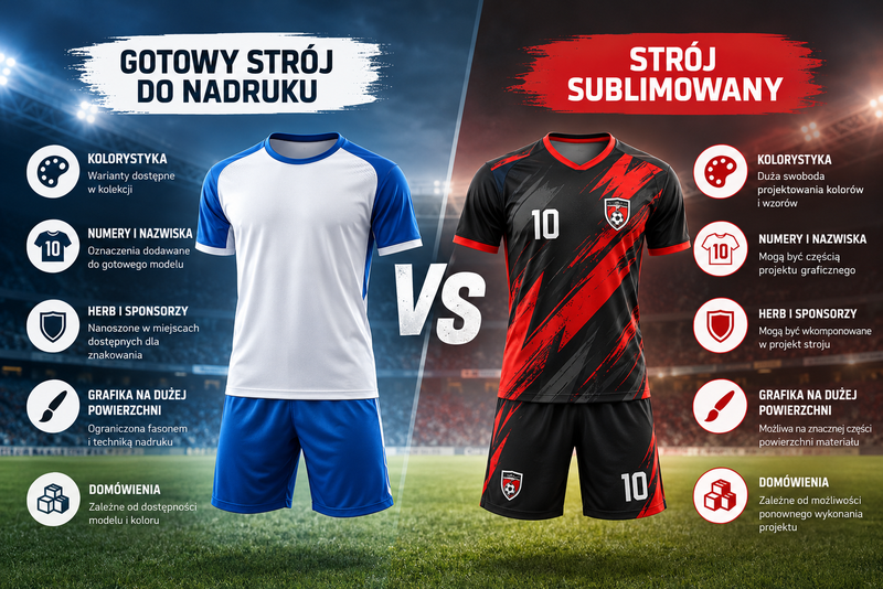 Porównanie gotowego stroju piłkarskiego do nadruku i stroju sublimowanego – różnice w kolorystyce, personalizacji i projektowaniu.