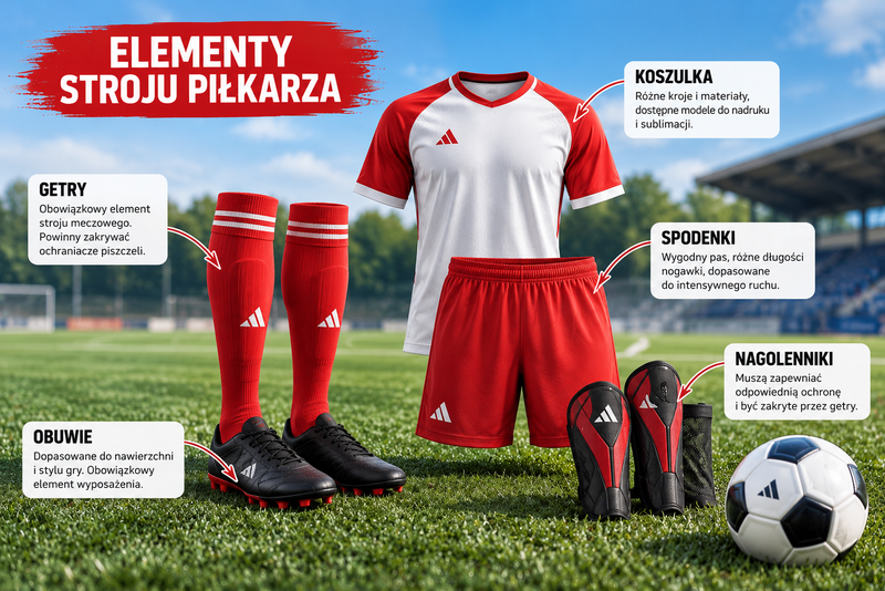 Elementy stroju piłkarza – koszulka, spodenki, getry, ochraniacze piszczeli i obuwie piłkarskie.