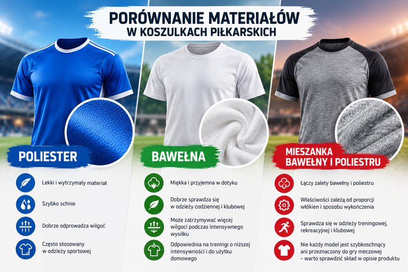Porównanie poliestru, bawełny i mieszanki bawełniano-poliestrowej – właściwości materiałów stosowanych w koszulkach sportowych.