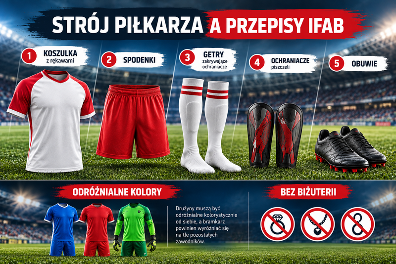 Strój piłkarza według przepisów IFAB – obowiązkowe wyposażenie, kolorystyka drużyn i zakaz noszenia biżuterii.