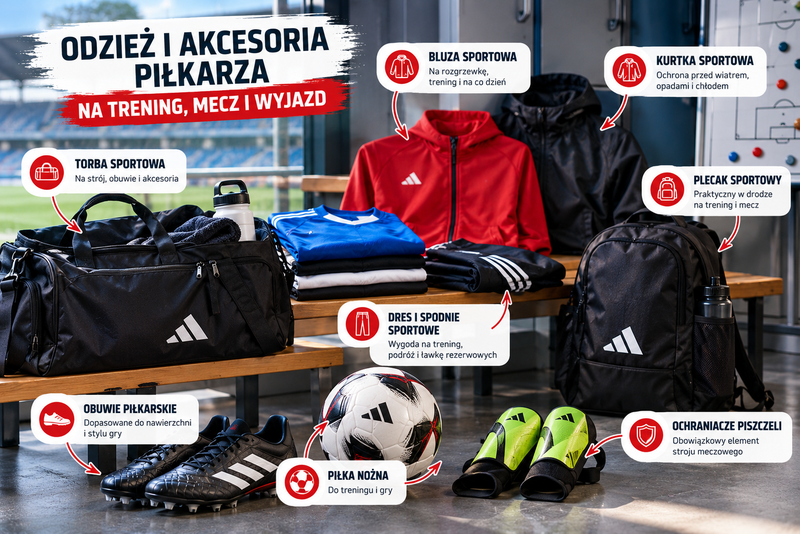 Odzież i akcesoria piłkarskie na trening i mecz – bluza, dres, kurtka, torba sportowa, plecak, obuwie i piłka nożna.