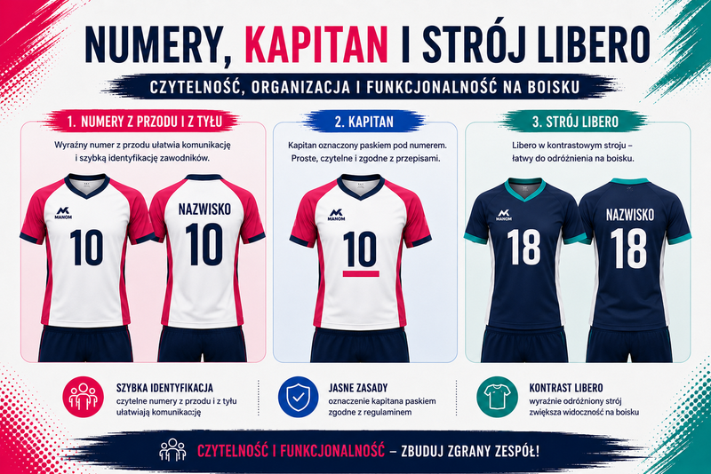 Numery na koszulce oznaczenie kapitana i kontrastowy strój libero