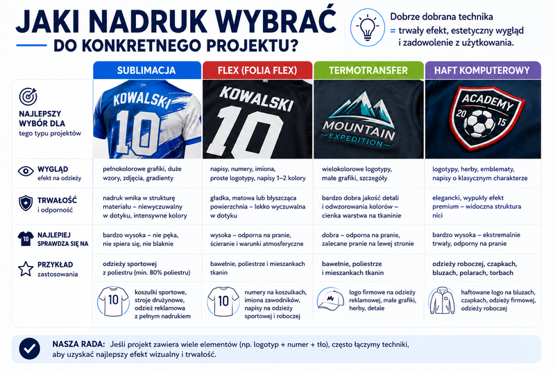 Dobór sublimacji flexu termotransferu i haftu do numerów logo i odzieży sportowej