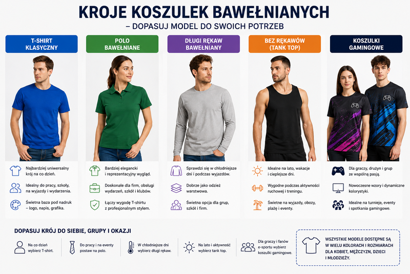 Kroje koszulek bawełnianych T-shirt polo długi rękaw bez rękawów i gamingowe