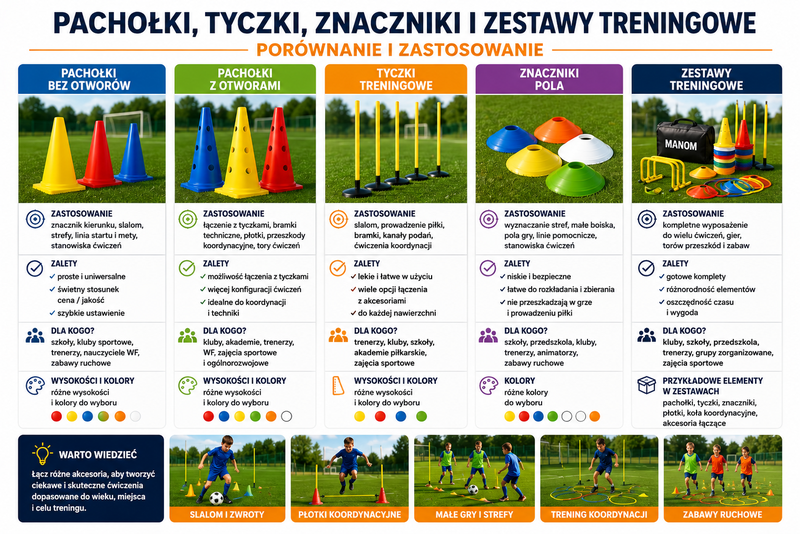 Porównanie pachołków z otworami, pachołków bez otworów, tyczek, znaczników i zestawów treningowych