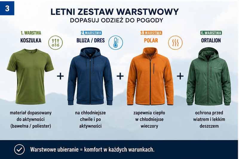Letni zestaw warstwowy koszulka bluza polar i ortalion