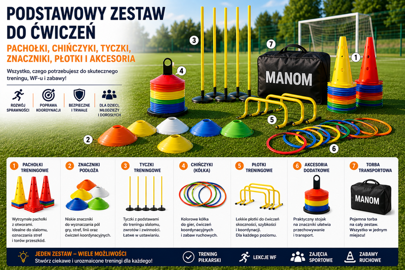 Podstawowy zestaw do ćwiczeń – pachołki, chińczyki, tyczki, znaczniki, płotki i akcesoria