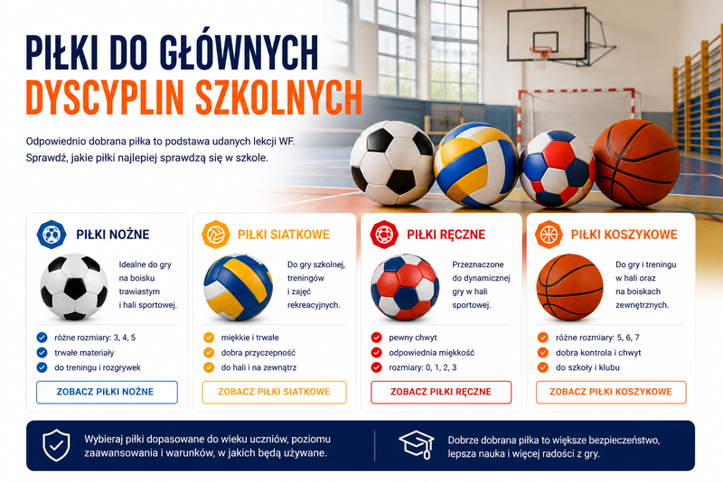 Piłki nożne siatkowe ręczne i koszykowe do szkoły