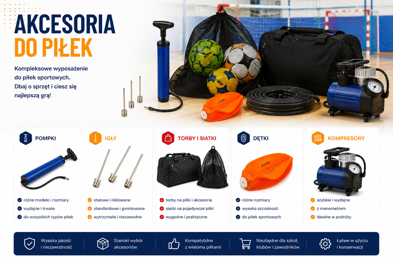 Akcesoria do piłek pompki igły torby siatki dętki i kompresory