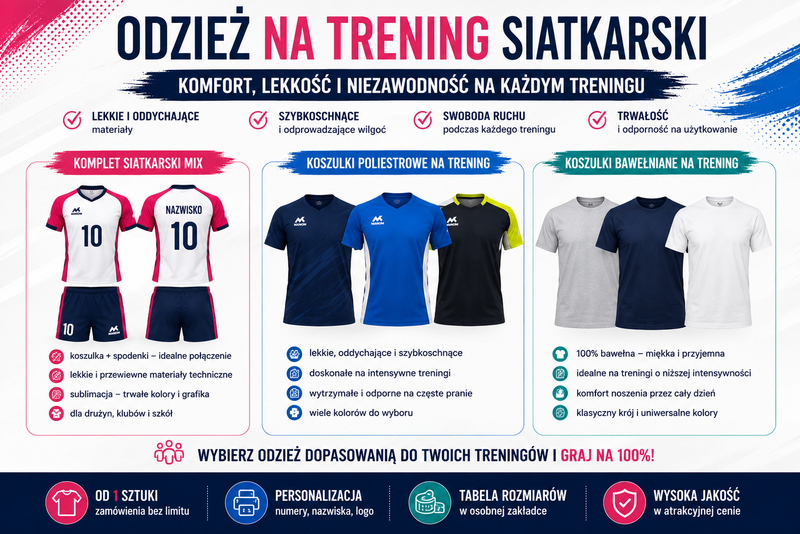 Komplet siatkarski mix oraz koszulki poliestrowe i bawełniane na trening