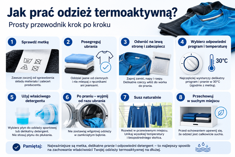 Jak prać odzież termoaktywną krok po kroku – metka, program, detergent, suszenie i przechowywanie