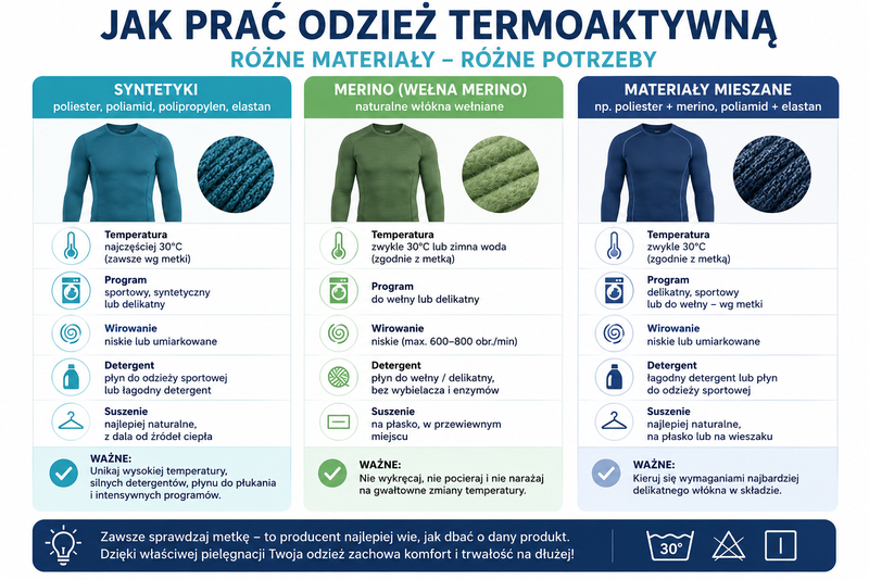 Pranie odzieży termoaktywnej z syntetyków, wełny merino i materiałów mieszanych – porównanie pielęgnacji