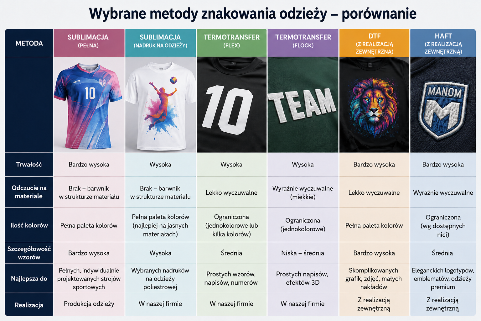 Przykłady sublimacji flexu termotransferu cyfrowego flocku i haftu na odzieży